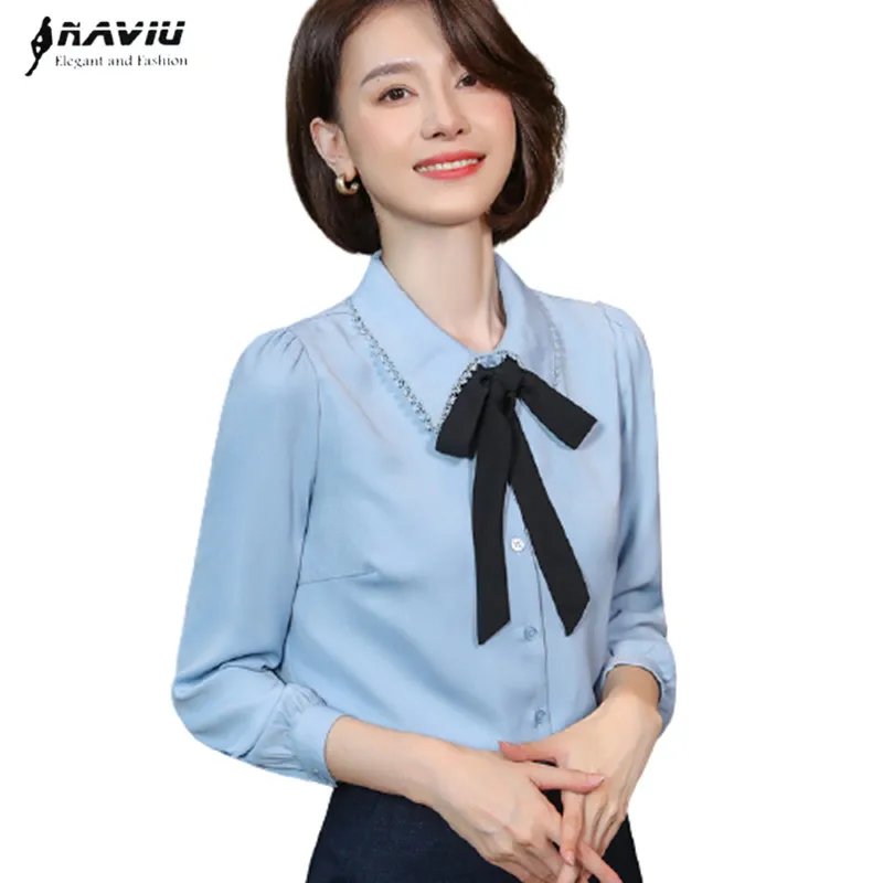 Light Blue Chiffon Shirt Women Bow Design Fashion New Spring Temperament Long Sleeve Blouses Office Ladies Casual Work Tops |