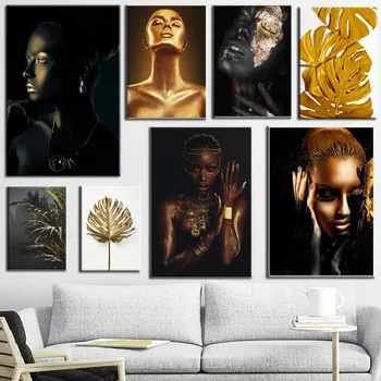 

Canvas Painting Nordic Plants Golden Leaf Posters Printed Wall Art Black Fashion Women Pictures Living Room Home Decor Modular