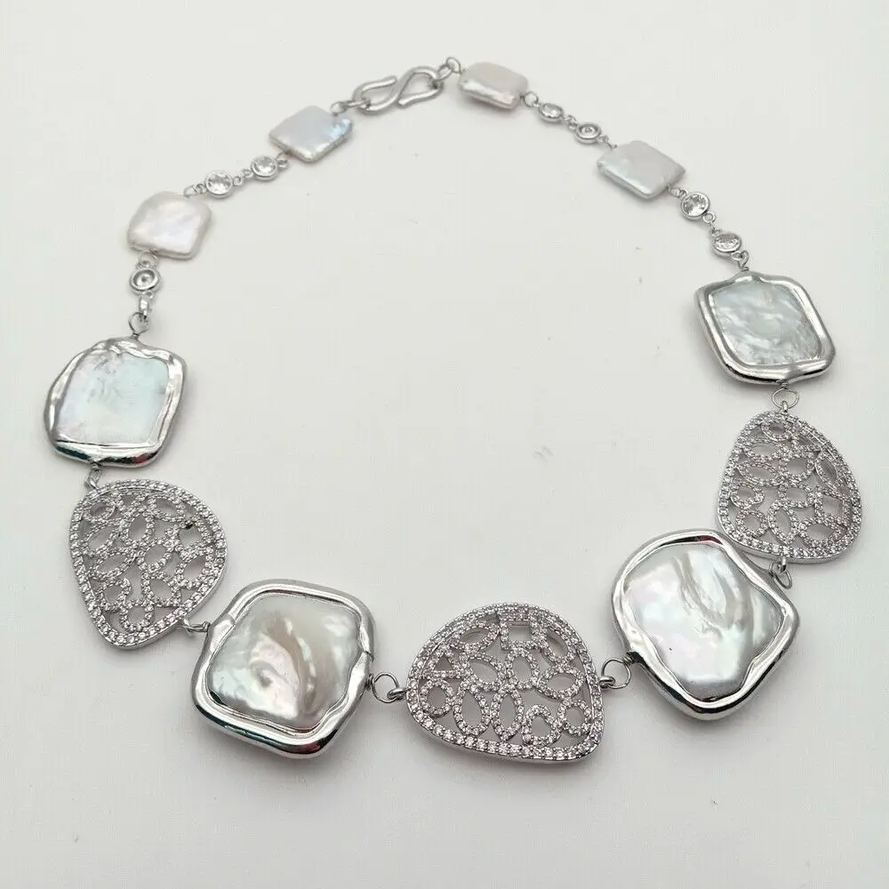 1" культивированный квадратный Кеши жемчужное ожерелье CZ Pave разъем