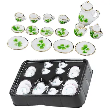 

1 set 1/12 Dollhouse Miniature Dining Ware Porcelain Tea Set Pot Cup Dish - Clover Pattern & Flowers pattern