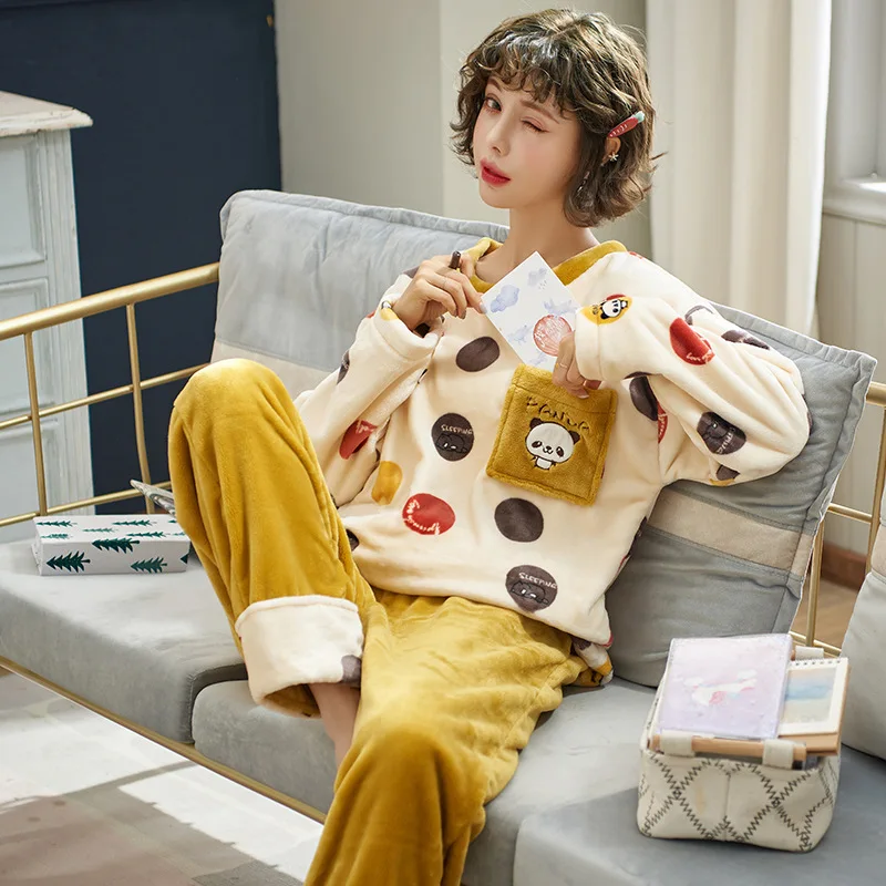 

NIGHTWA Pajama Sets Cartoon Printing O-Neck Lovely Plus Velvet Thicker Winter warm Sleepwear Pajamas Womens Korean Style Trendy