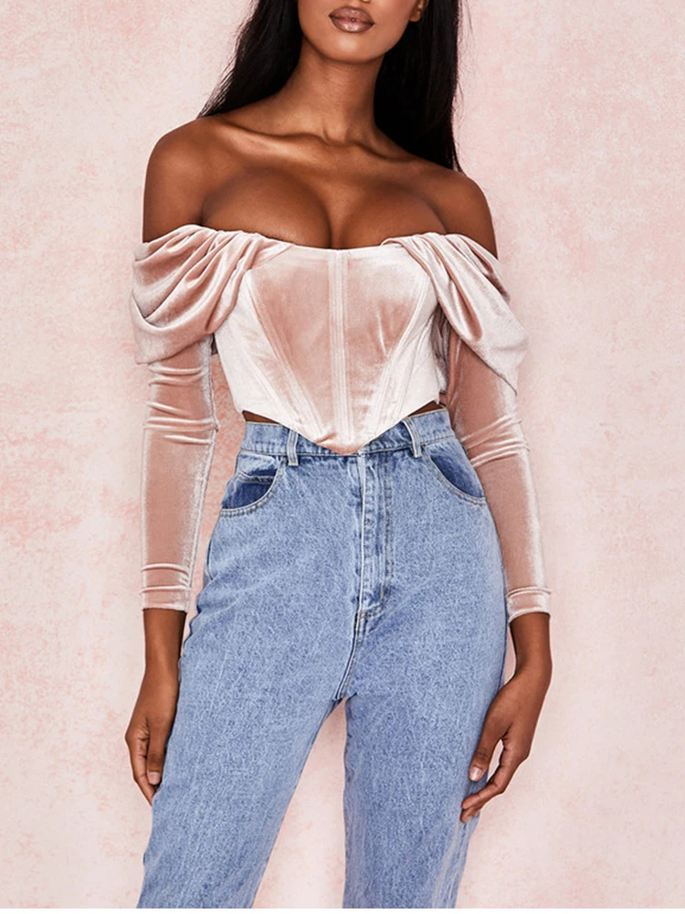 NewAsia Boning Corset Shirt Velvet Blouse Women Autumn Vintage Long Sleeve Ruched Off Shoulder Corset Tops Ladies Sexy Shirt New