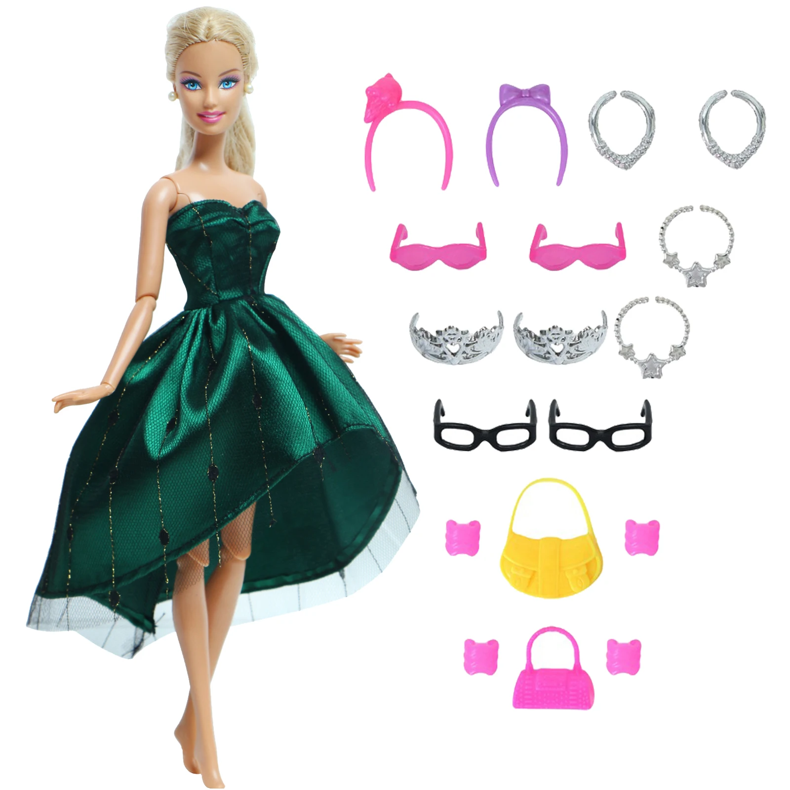 14 Pcs / Lot = 1x Fairy Tale Doll Dress + 13x Random Accessories Shoes Handbag Glasses Clothes for 11.5'' Doll Girl Baby Toys