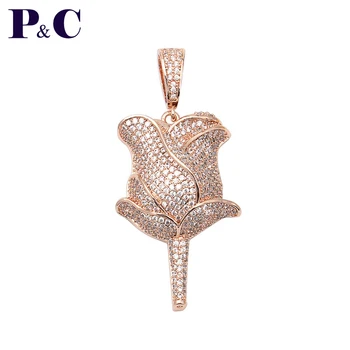 

Rose Flower Petals Necklace & Pendant With Tennis Chain Silver Color Iced Cubic Zircon Men's Hip hop Jewelry For Valentine's Da