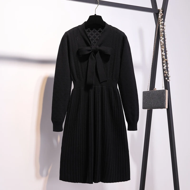 Autumn Women Pink Bow Tie Collar Sweater Dresses Plus Size Mini Knitted Dress Female Pullover Pleated Dress Vestidos 3XL