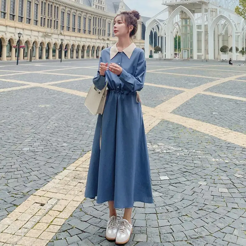 

Shirt Dress Women's Color Matching Long Sleeve 2020 Autumn New Style Waist Hugging Slimming Temperament Ageing Dress