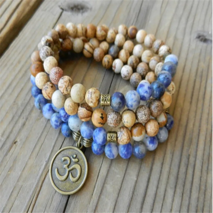 6mm 108 Picture stone blue Alabaster Gemstone Mala Bracelet Wrist Unisex energy Bless Healing Gemstone Handmade Lucky cuff Men