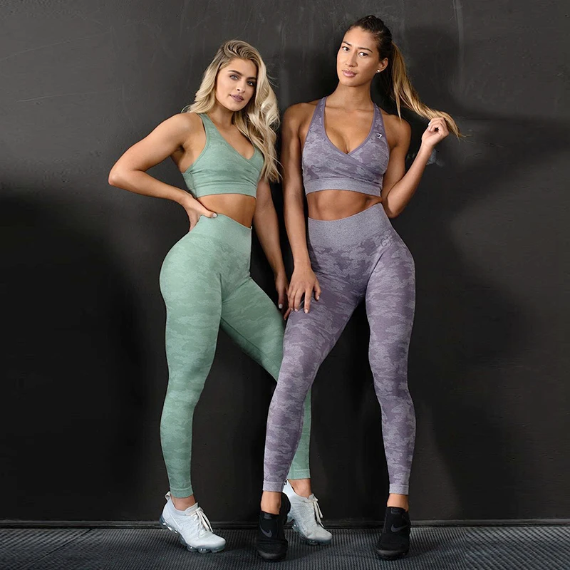 2 шт. Камуфляжный спортивный костюм для женщин комплект йоги короткий топ фитнеса