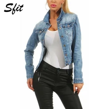 Sfit Осенняя женская джинсовая куртка с эффектом потертости, базовые однотонные джинсы на пуговицах, Женская Повседневная Ретро верхняя одежда, модная уличная одежда