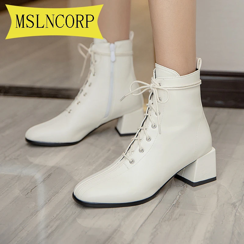 

Plus Size 34-43 Ankle Boots for Women New Elegant Square Heel Shoes Woman High Solid Vintage Lace-up Ladies Winter Platform Boot