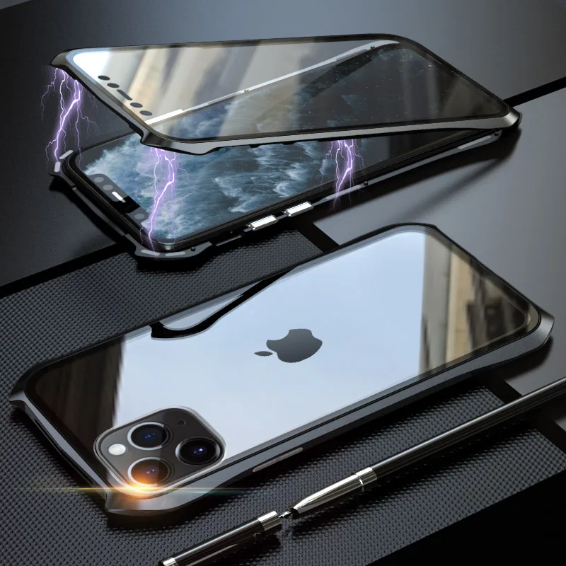 Black Бэтмен металлический каркас Магнитный чехол для iPhone 11 Pro Max Чехол 9H двойное закаленное стекло Жесткий Чехол для iPhone 11 Pro Max Capa - Цвет: Black