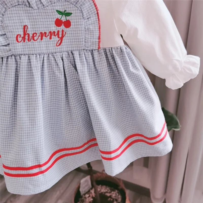 toddler autumn spring clothes 0-4T little baby dresses Sweet cherry letter strap Splicing dress Princess dress