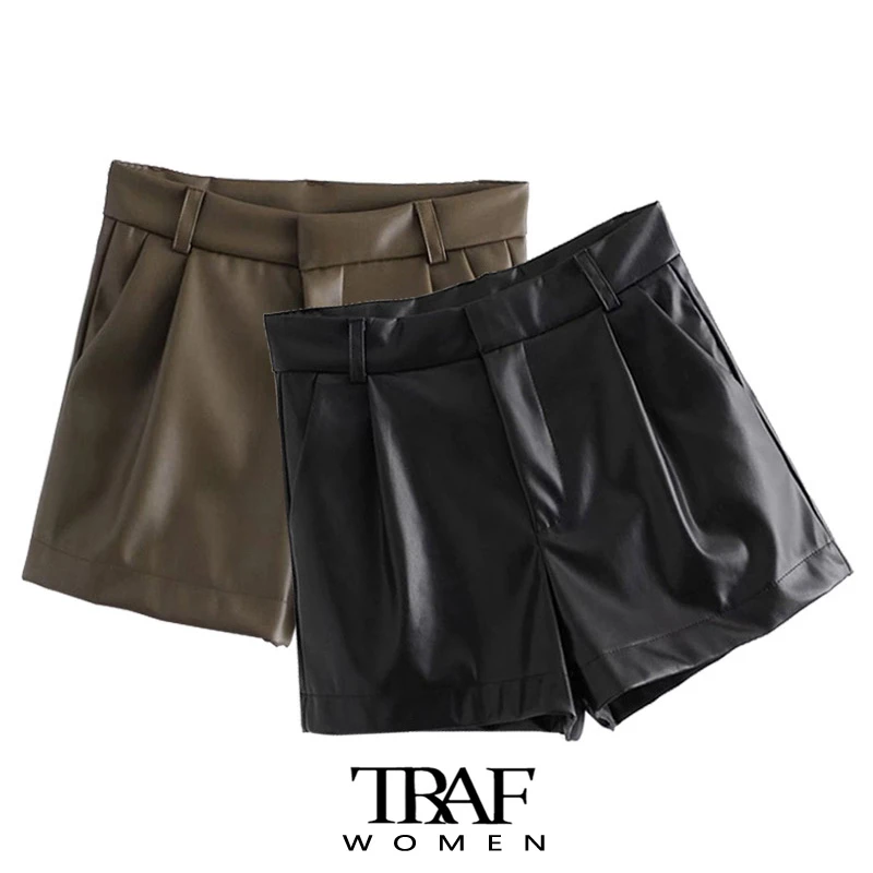 TRAF  Women Chic Fashion Side Pockets Faux Leather Shorts Vintage High Waist Zipper Fly Female Short Pants Mujer women's swim shorts