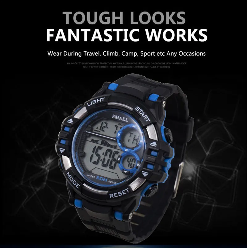 SMAEL 1515 мужские цифровые часы на открытом воздухе, спортивные брендовые роскошные мужские военные светодиодный электронные часы, водонепроницаемые студенческие мужские часы