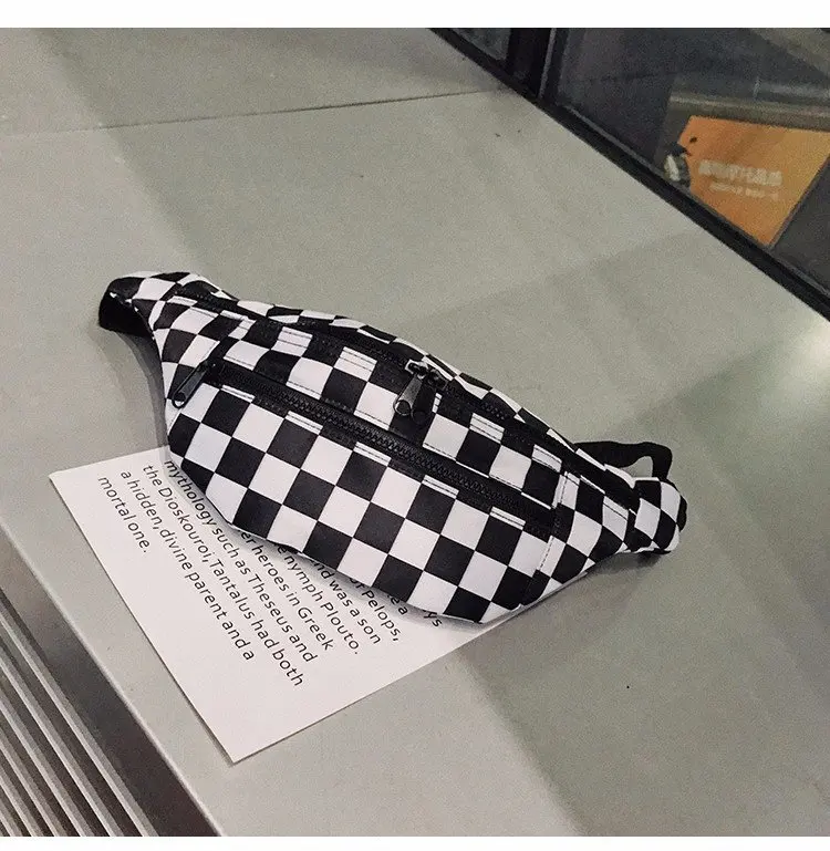 Checkerboard black and white Lattice Waist Bag Women 2021 New Fashion Messenger Small bag Canvas Chest Bag Double Zipper Bag