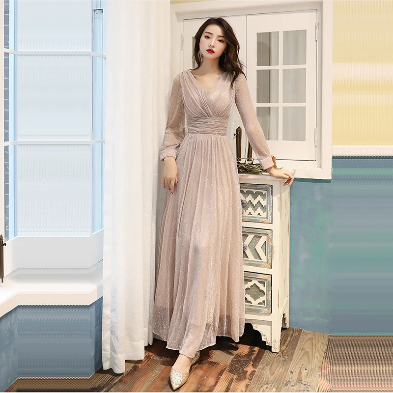 Это Yiiya вечернее платье с длинным рукавом сияющее Платье De Soiree LF192 v-образным вырезом размера плюс вечернее платье для женщин элегантные вечерние платья - Цвет: soybean Ankle-Length