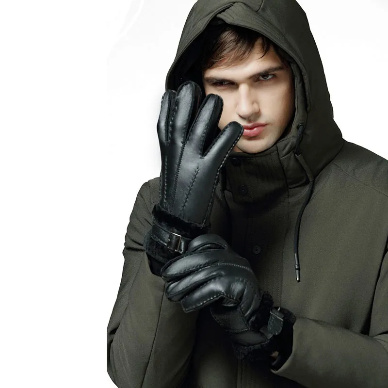 Men Winter Gloves Genuine Sheep Fur Thermal Goat Fur Cashmere Real Leather