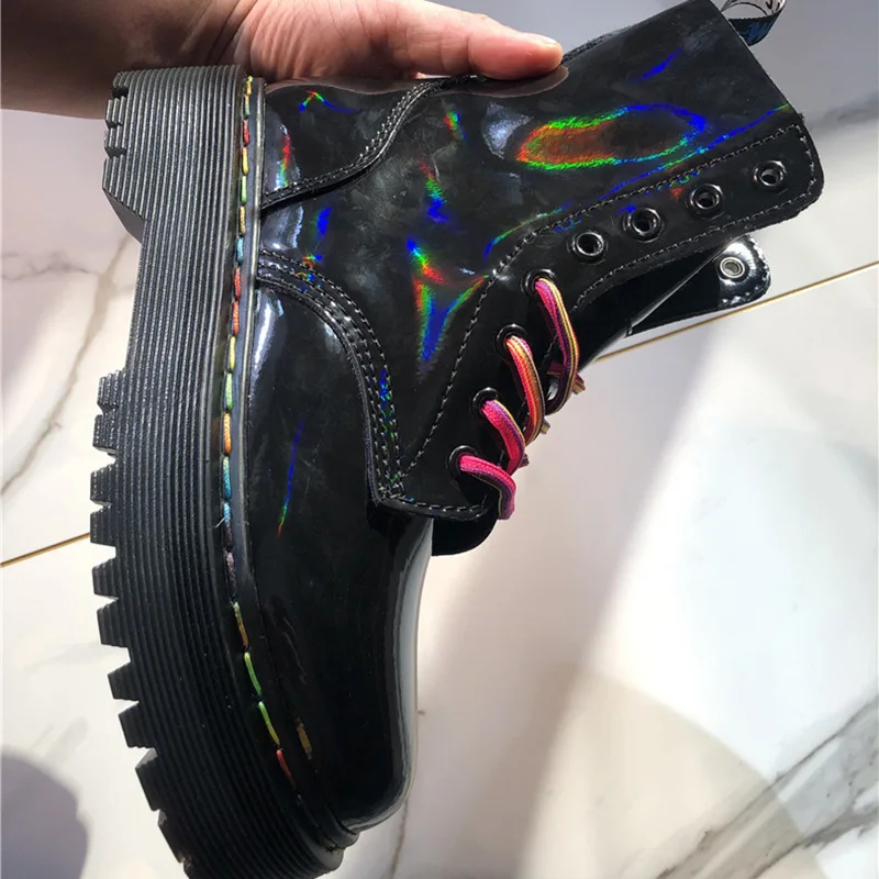 

Leather platform ankle boots with rainbow-colored mirrored ladies Martin boots