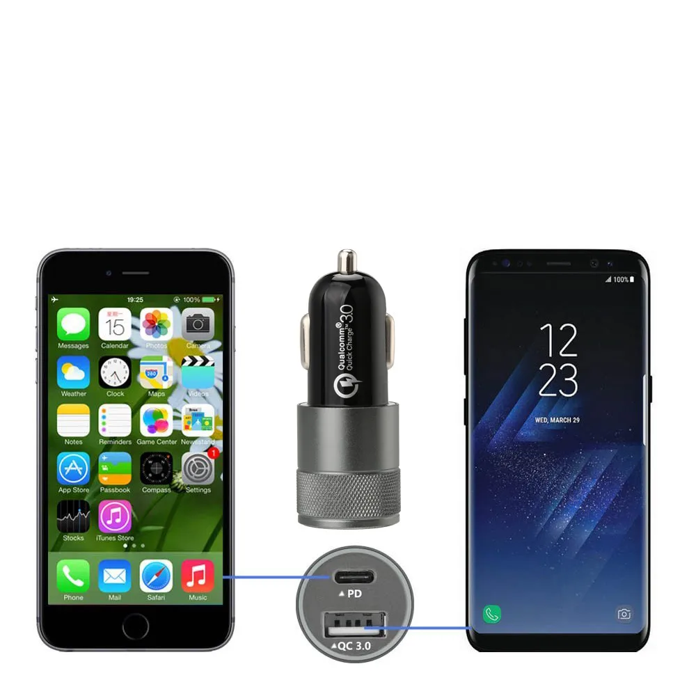 Type-C_PD QC3.0 светодиодный полупрозрачный дисплей двойной USB Автомобильное зарядное устройство быстрое зарядное устройство для iPhone для huawei автомобильные аксессуары# Ger