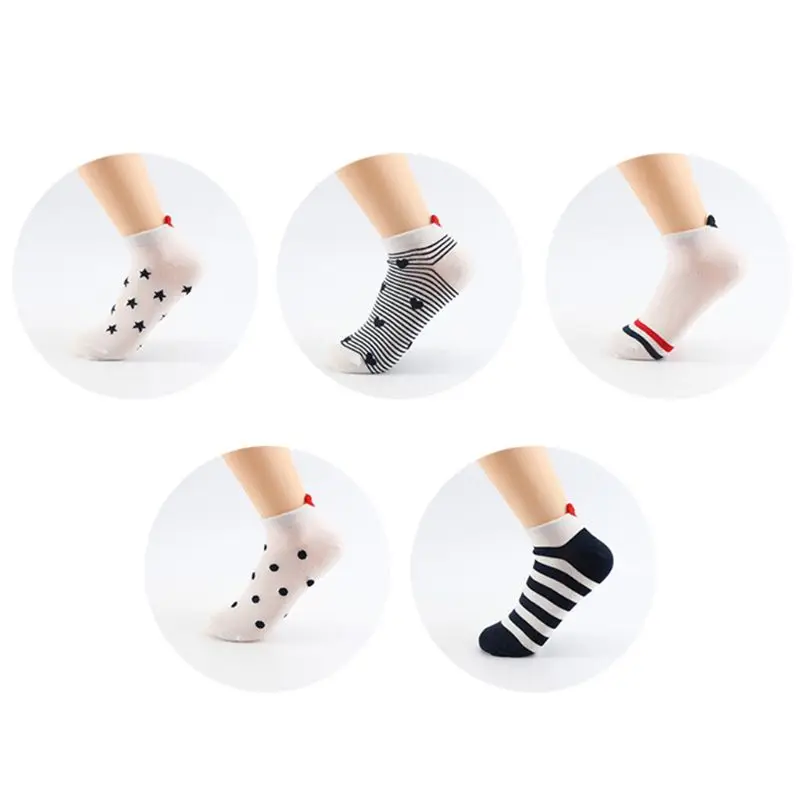 Женские японские короткие невидимые носки-башмачки в стиле Харадзюку для девочек милые красные хлопковые чулки с объемным сердечком в полоску в горошек