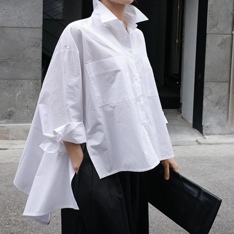 

2020 New Spring Autumn Lapel Long Sleeve White Back Long Loose Big Size Irregular Shirt Women Blouse Fashion Tide
