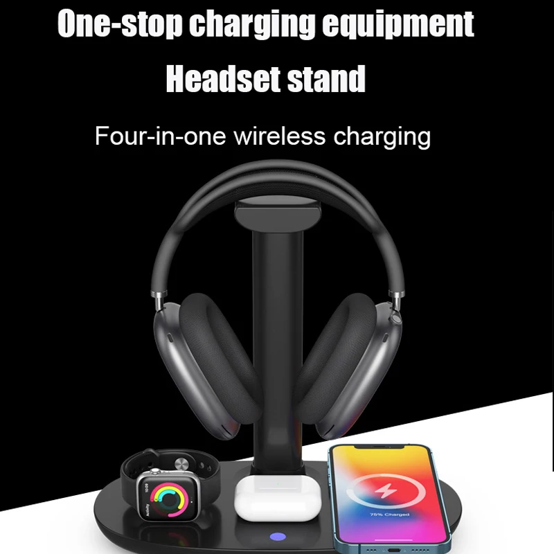 Support de casque avec chargeur sans fil 15w, support de casque de station  de charge Qi 4 en 1 pour Airpods Max / pro / 2 Iwatch 6/5/4/3/2/1 / se  Iphone 12/11/10/9/8 S