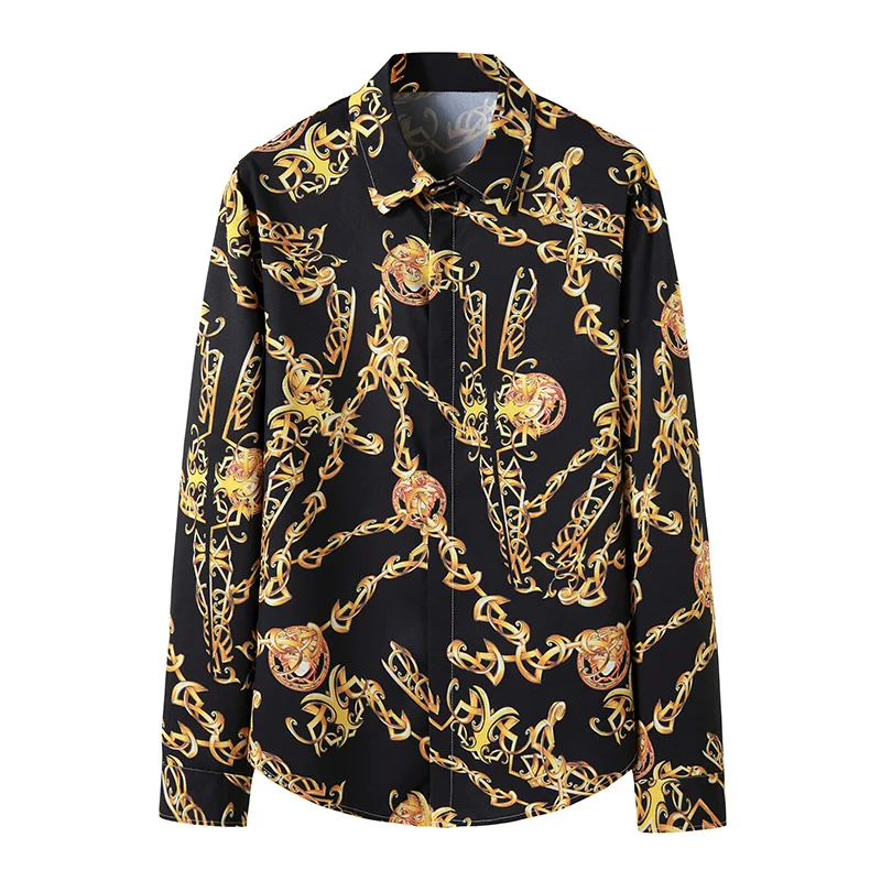 

Baroque Court Style Mens Luxury Shirts New Street Fashion Hip Hop Camisas Golden Floral Print Male Wedding Prom Fancy Shirt