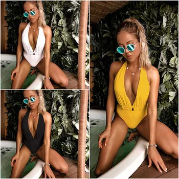 

2020 venus vacation new style siamese swimsuit women's solid sexy waist button V-neck sexy women swimwear push up bathing suit