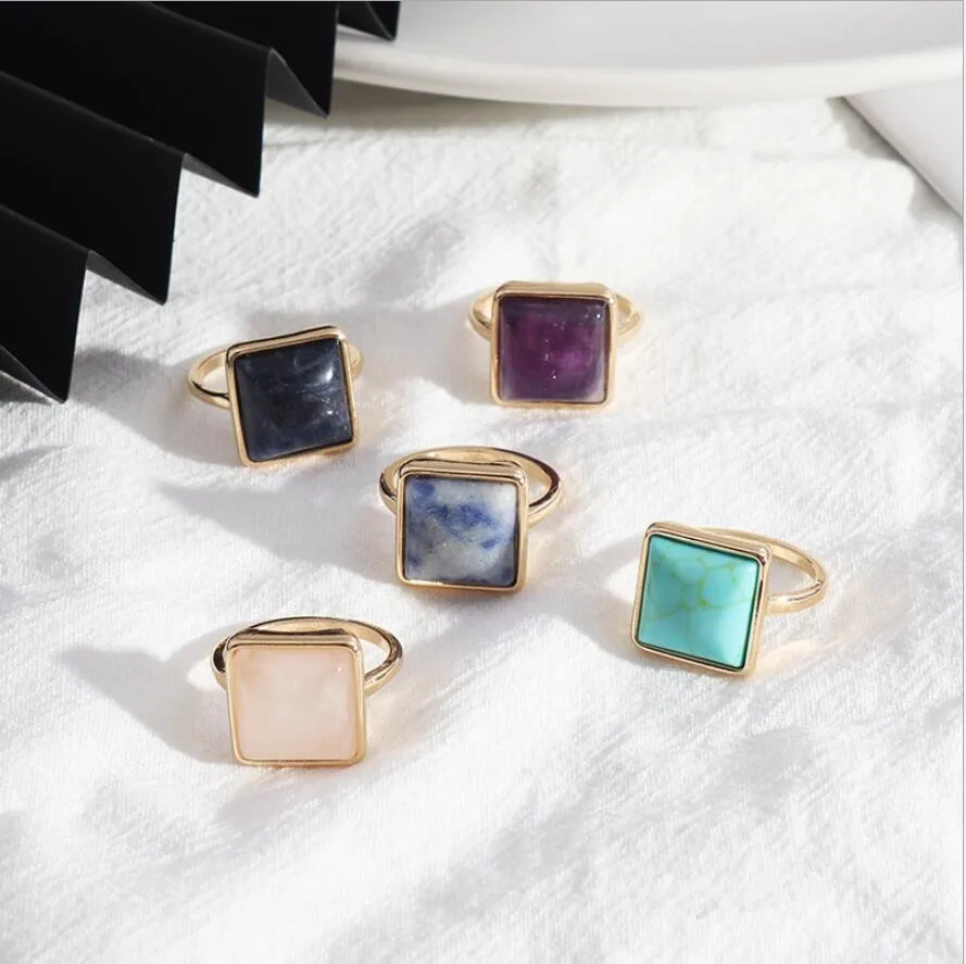 

14mm Square Rose Quartz Amethyst Ring Gold Color Natural Stone Women Jewelry Gift Wedding Party Ring
