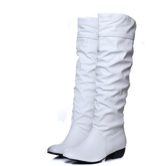 Women Autumn Boots PU Leather Knee-High Boots Solid Flat Shoes Round Toe Pleated Rome Ladies Winter Shoes Size 35-43