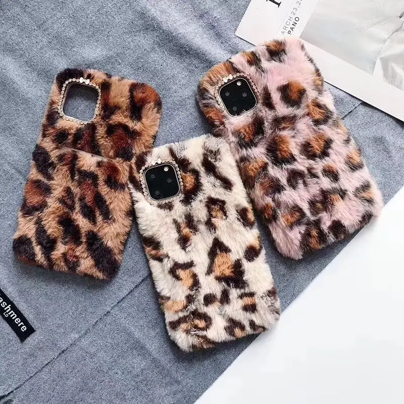 

Luxury plush leopard card fluffy warm phone case for iphone 11 pro max case for iphone XS MAX case XR X 6 6S 7 8 plus NOTE10 Pro