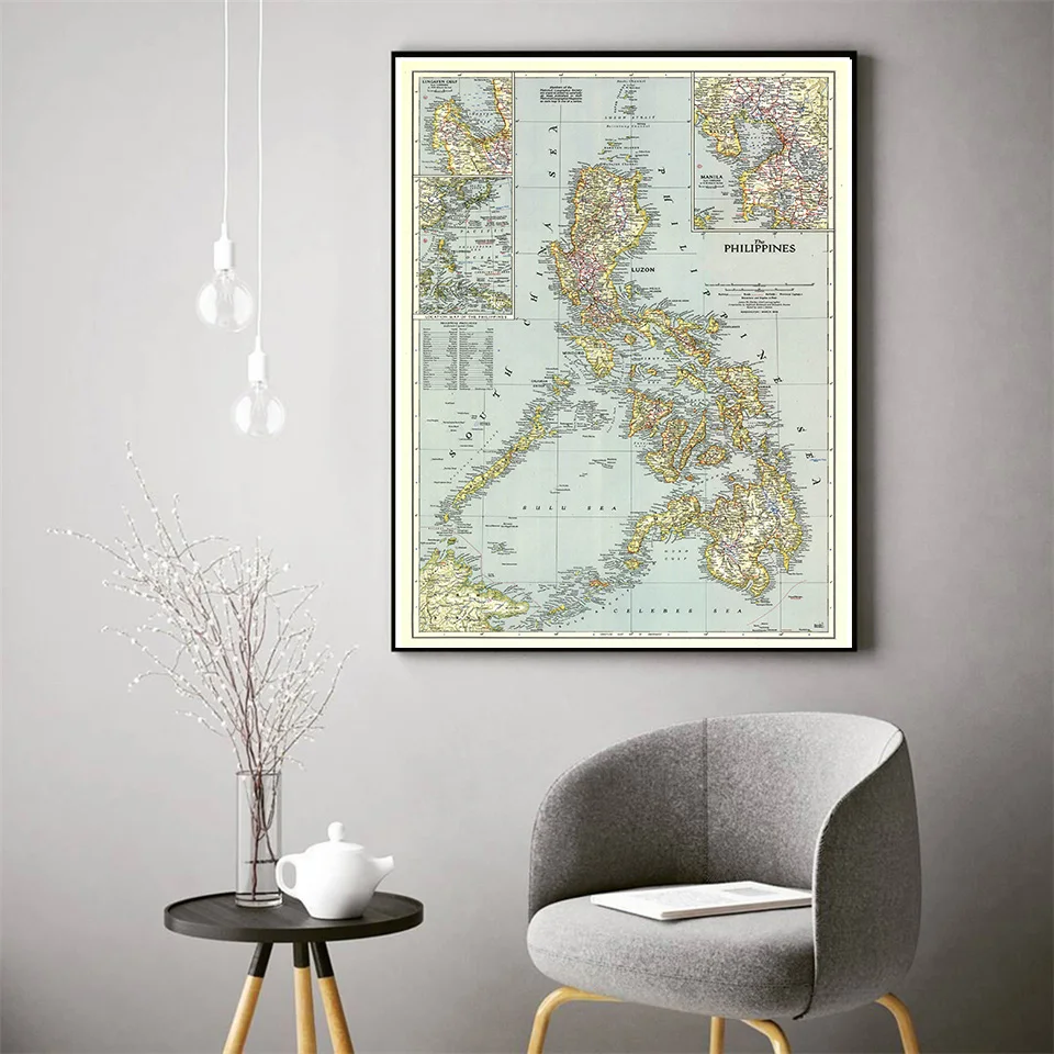 100*150cm 1945 Vintage Map Philippines Detailed Poster Retro Canvas Painting Wall Decor Office Home Decoration School Supplies