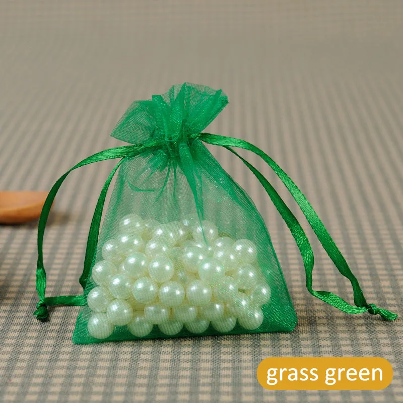grass green 22 цвета на выбор 9*12 см, многофункциональные сумки для конфет, мешочек из органзы для ювелирных изделий, Ювелирная упаковка, сумка на шнурке, 100 шт, самодельная посылка - Цвет: grass green