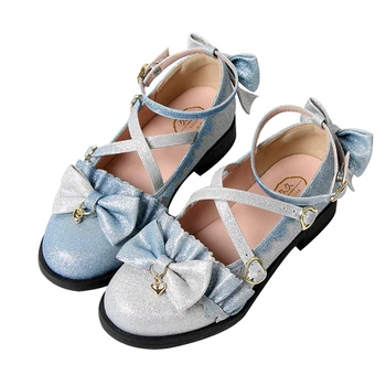

Anime cosplay lolita shoes vintage round head gradual change kawaii shoes cute bowknot cross bandage gothic shoes loli 2020 new