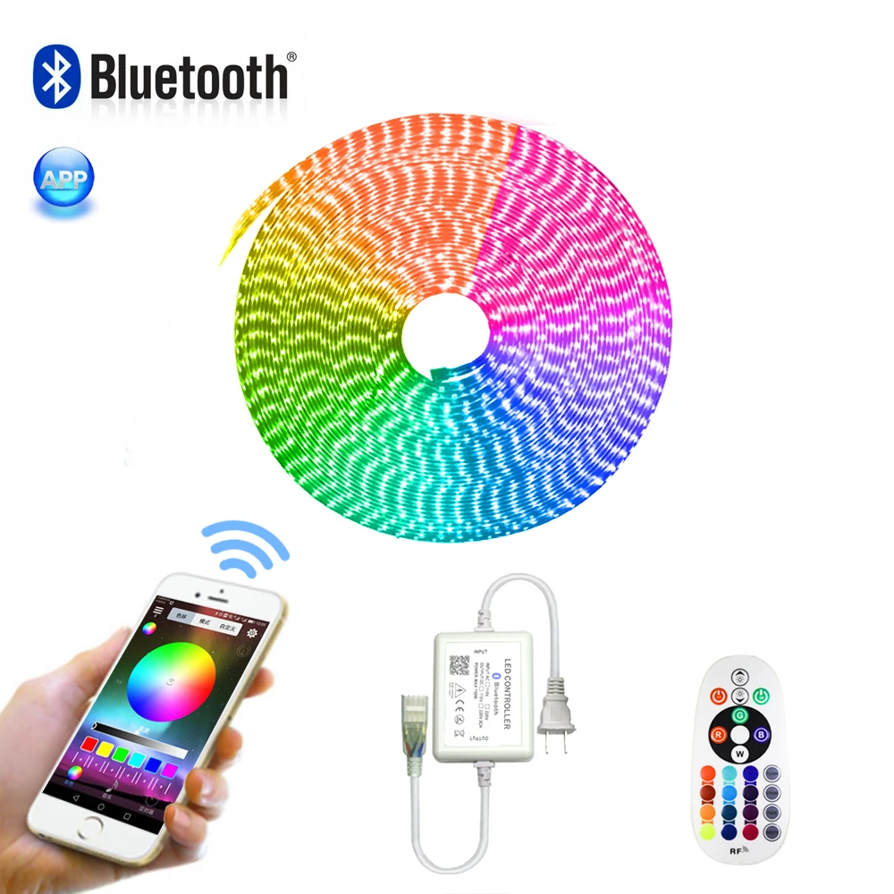 AC 110 В Светодиодная лента светильник RGB SMD 5050 лента приложение для телефона и пульт дистанционного управления Водонепроницаемый гибкий неоновый светильник s наружное украшение комнаты