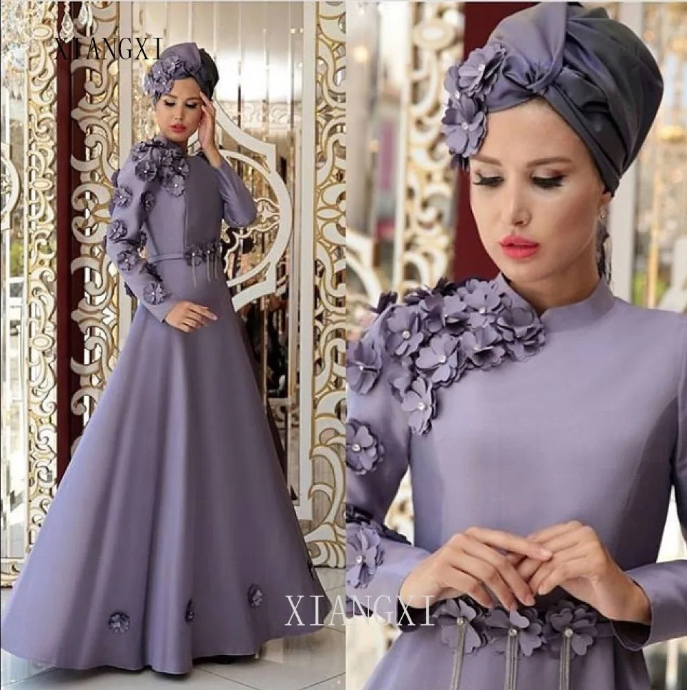 Мусульманский стиль, вечернее платье, высокий воротник, полный рукав, 3D цветок, атласное, ТРАПЕЦИЕВИДНОЕ, длинное, вечернее платье, Формальные вечерние платья, robe de s