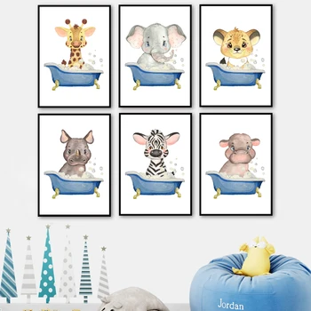 

Lion elephant zebra tiger hippo Bath Nursery Wall Art Canvas Painting Posters And Prints Wall Pictures Kids room bathroom Decor