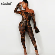 Malha de Impressão Mulheres Macacão Macacões Sexy Ladies Partido Fora Do Ombro Mulheres Macacão de Manga Longa Romper Macacão Magro(China)