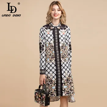 

LD LINDA DELLA Spring Summer Fashion Designer Shirt Dress Women's Long Sleeve Plaid Floral Print Belted Vintage Loose Dresses