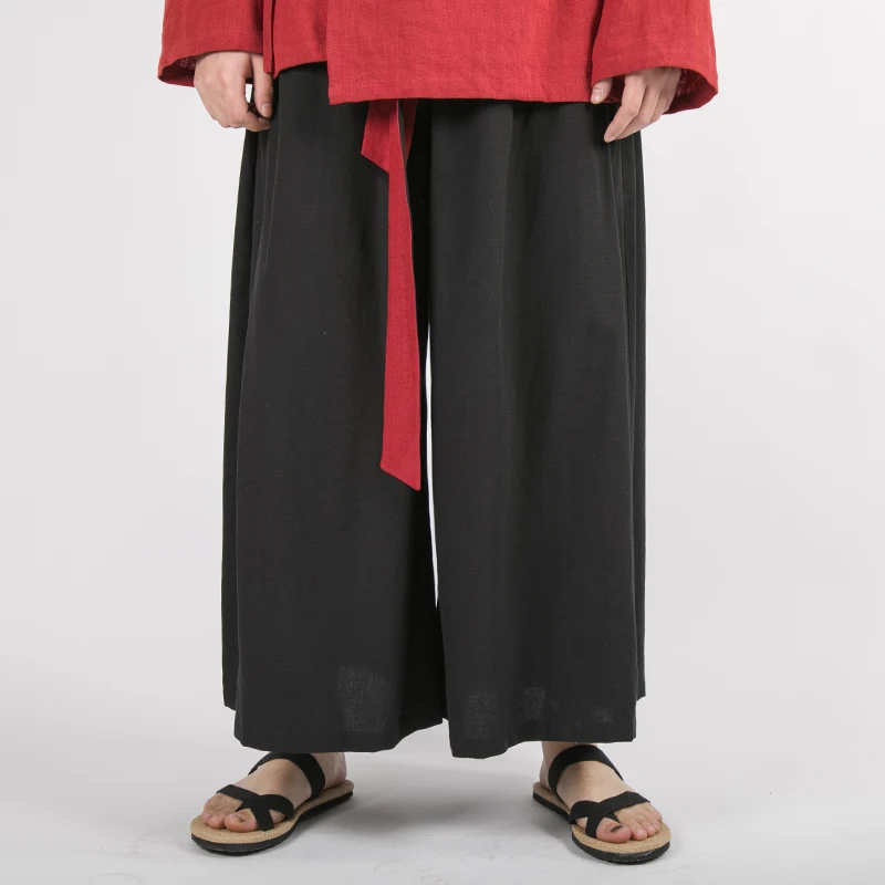 Chinese Style Men Cotton Linen Wide Leg Pants Black Harajuku Male Streetwear Harem Pants Man HanFu Kongfu Trousers Skirt
