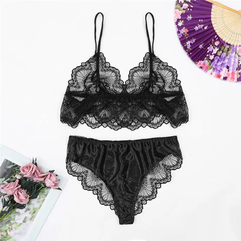 

Sexy Lingerie Bra Set New Women's Sexy Black Lace Bras Underpant Scalloped Trim Bowknot Babydoll Lingerie Sets Lenceria 661BRS10