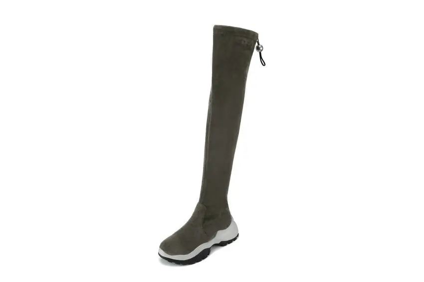 QUTAA Flock Elastic Long Boots Round Toe Lace Up Zipper Women Shoes Wedges Autumn Winter Over The Knee Boots Size 34-42