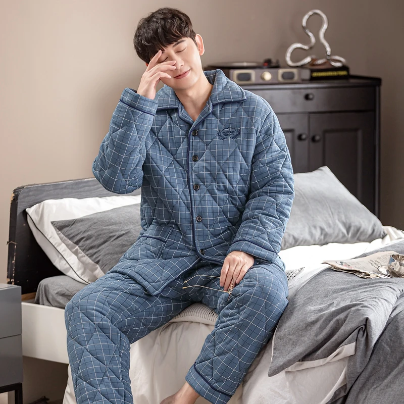 

New Men Winter Pajamas Set Male Three-layer Cotton Quilted Pyjama Thicken Sleepwear 2pcs/set L-4XL Home Clothes