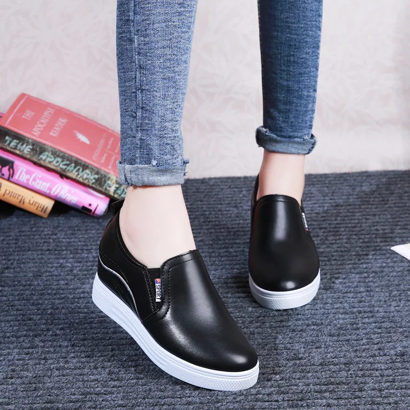 

Loafers Women's 2019 Autumn New Style Korean-style Flat Slip-on Leather Casual Shoes Elevator High Heels Fashion