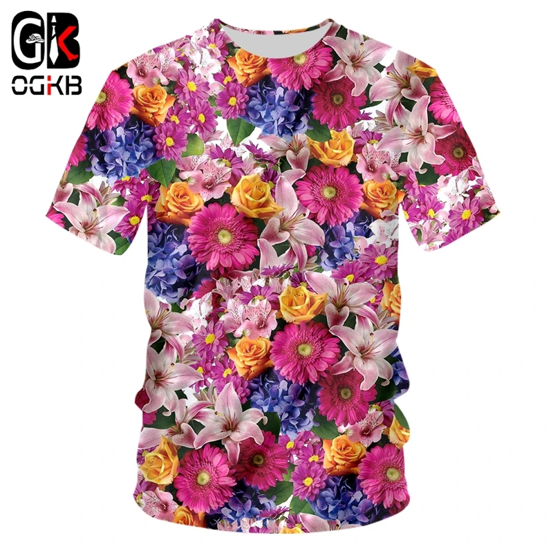 

Женская/мужская футболка с коротким рукавом OGKB, футболка с цветочным 3D принтом в стиле Харадзюку, яркая футболка в стиле хоп, одежда для лета