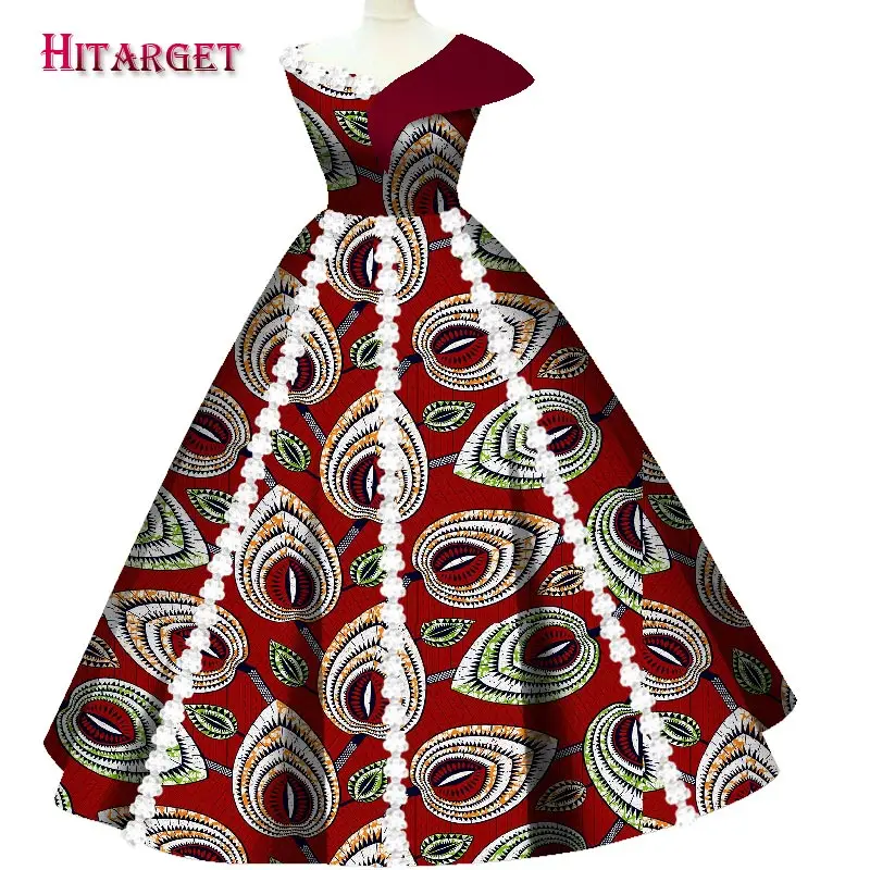 

2020 African Clothes Dashiki Deep V Neck Buble Long Dress Full Skirt Short Sleeve Elegant Party Dress Bazin Riche WY7619