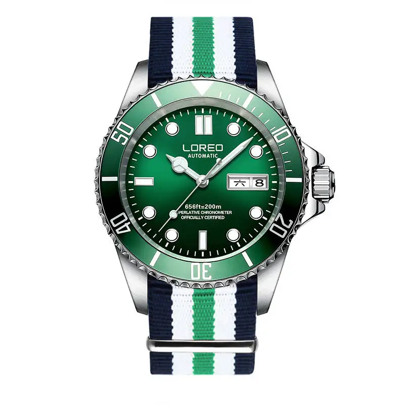 LOREO 9203 Германия diver 200 м oyster perpetual air-king автоматический самоветер светящийся водонепроницаемый archetype relogio masculino - Цвет: green nylon
