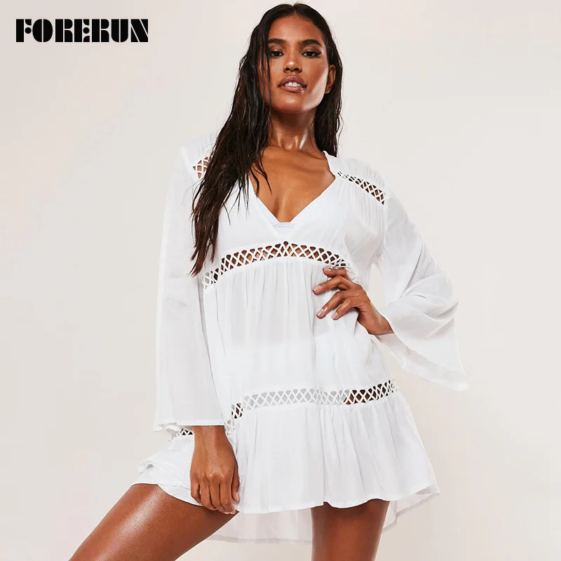 FORERUN, белое пляжное платье, женское бикини, накидка, летнее, мини, с глубоким v-образным вырезом, с вырезами, Saida De Praia, Плайя Mujer, Robe Plage