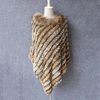 

winter raccoon fur collar rabbit fur kintted fabric poncho coat cape women modish multicolor stripe warm ponchos and capes