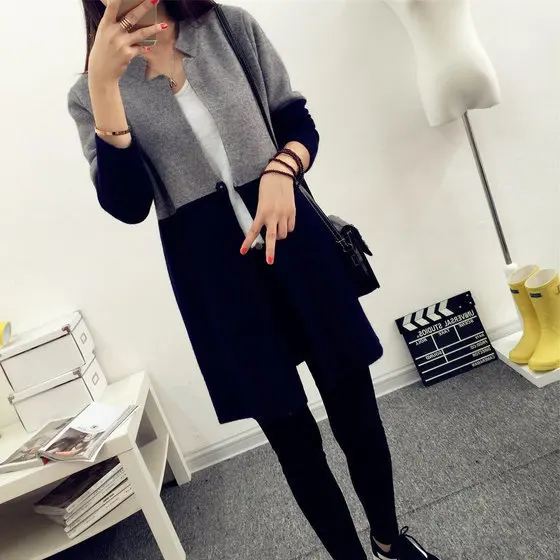 Женское осеннее трикотажное пальто с длинным рукавом кардиган в стиле пэчворк